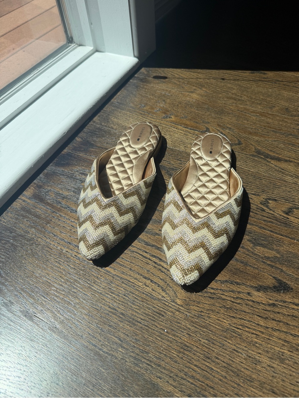 Birdies Beige silver and gold  Pointed-Toe Slip-On Mules